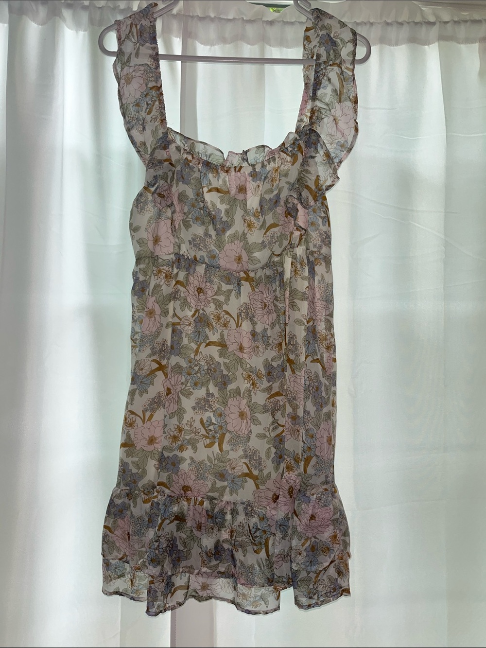 Blu Pepper Sheer Floral Ruffle Mini Dress in Pink & Cream